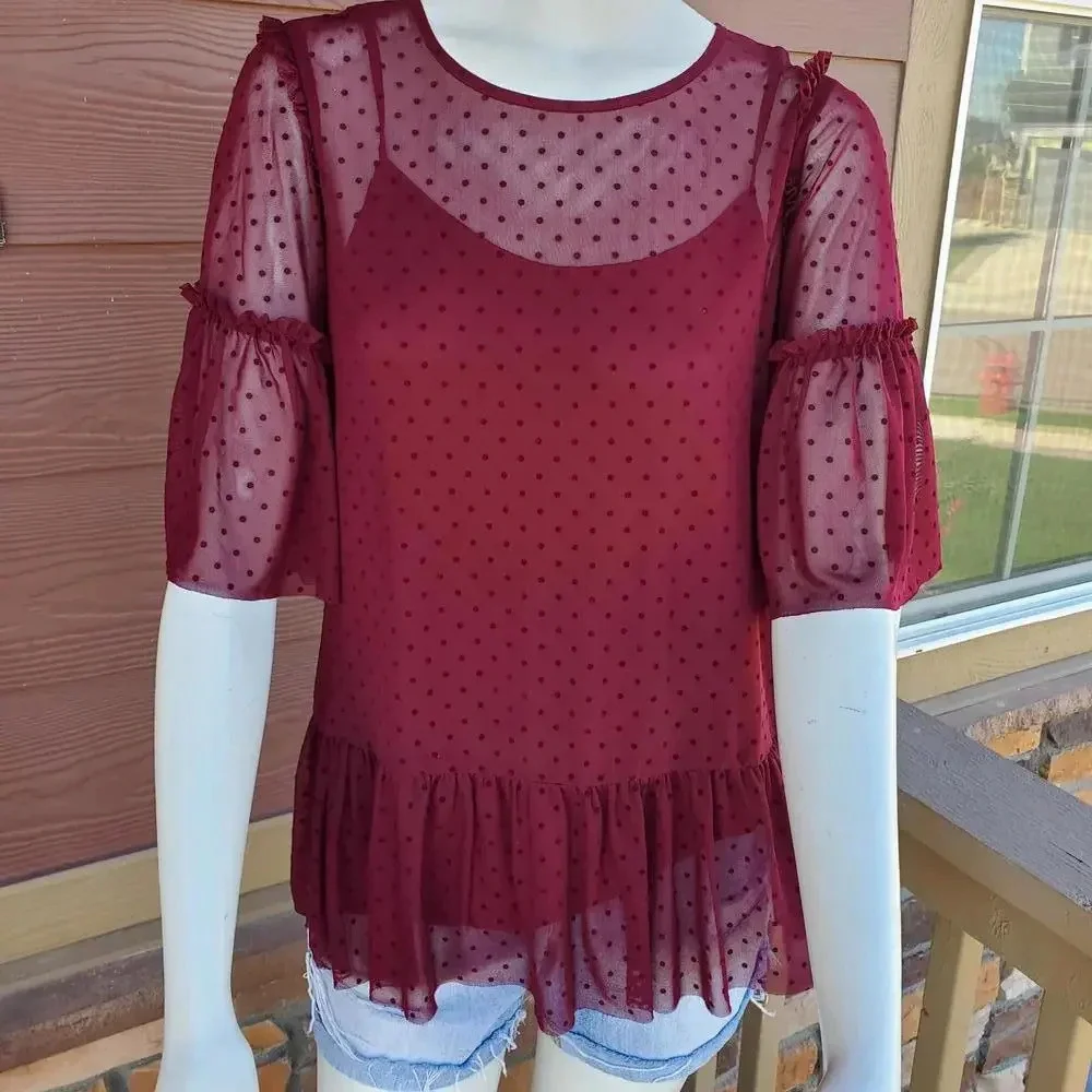 Pleione Sheer Short Sleeve Swiss Dot Blouse - Red - Women's Size Small NWOT